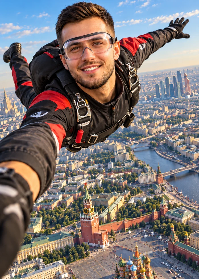 DJ Aivan skydiving over Moscow, Red Square visible below